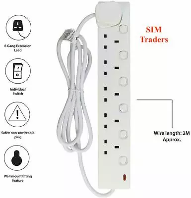 £13.99 • Buy 6 Way Gang Extension Lead Cable Individually Switched Extention 6 Socket Plug UK