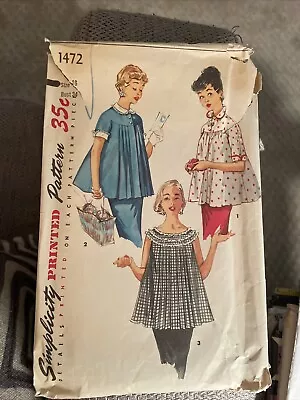 1950s Vintage Simplicity 1472 Maternity Blouse Sewing Pattern Size 16 Bust 34 • $8