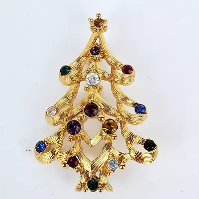 Vtg Monet Gold Tone Open Metal Multicolor Rhinestones Christmas Tree Brooch Pin • $26.09