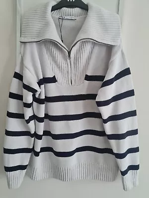 Zara Striped Zipped Neck 100% Cotton Oversized Jumper. Size M(44 ) Navy/Ecru • £6.99