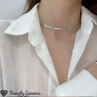 £3.99 • Buy Trendy Women Men Gold Flat Snake Chain Herringbone Gold Silver Choker Necklace