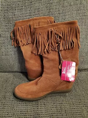 SKCH+3 Skechers Rust Brown Suede Fringe Ankle Booties Boots Women's Sz 8 NEW • $49.95