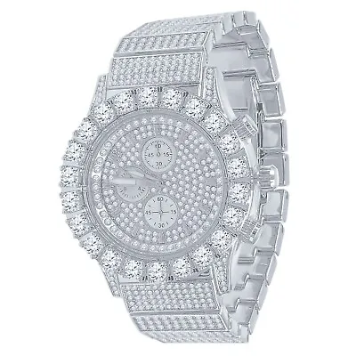 Mens Solid Steel White Gold Tone Jojino Joe Rodeo Simulated Diamonds Watch 44mm • $118.99