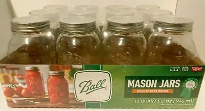 $22 • Buy New Ball 32oz Regular Mouth Mason Quart Jars Lids Bands Clear Glass 12 Count