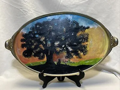 Vintage Serving Tray Dutch Oval Wood & Metal Hand Painted Scene Oak Tree Couple • $29.99