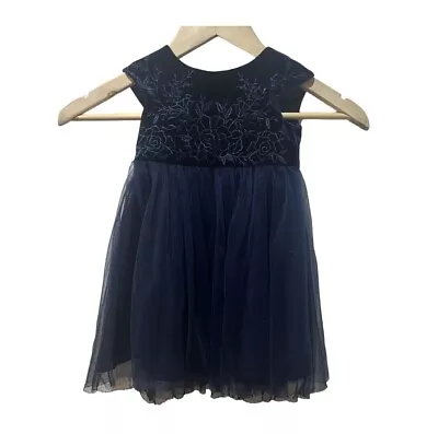 Monsoon - Baby Size 6-12 Months Odette Navy Velvet Embroidered Dress - RRP £75 • £6.99