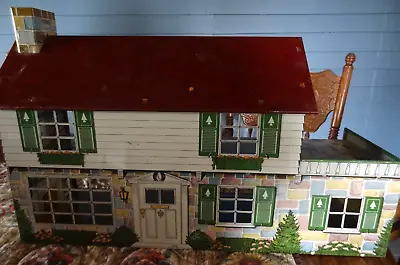 1950's Marx Colonial Tin Litho Dollhouse With Color Coordinated Furniture • $85