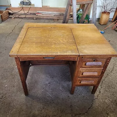 Vintage Jackson Oak Desk W/ Hidden Royal Typewriter And Three Drawers • $375