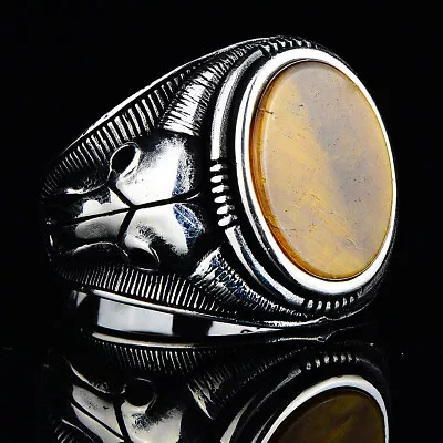 Silver Tiger Eye Ring  Bull Head Silver Signet Mens Ring Oval Gemstone Ring • $75