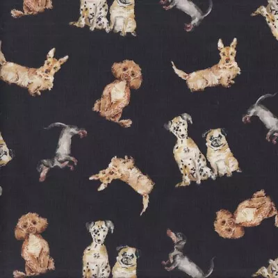 Dalmatians Pugs Dachshunds Dog Friendly On Dark Brown Quilting Fabric 1/2 Metre • $15.95
