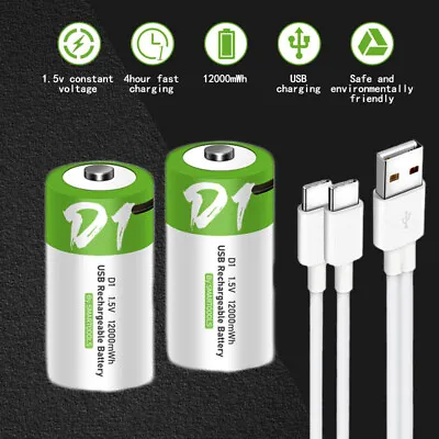 12000mAh USB D Size Lithium Rechargeable Battery 1.5V Fast Charger Type C Cable • $9.99