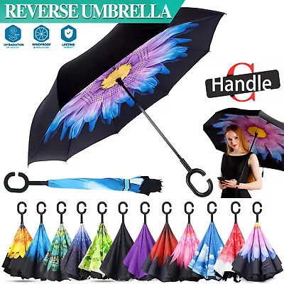 Windproof Upside Down Reverse Umbrella Double Layer Inside-Out Inverted C-Handle • $21.99