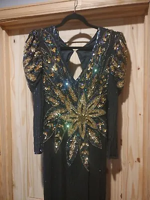 Vintage Sho Max Originals Black Gold Peacock Sequin Beaded Silk Gown SEXY 80s S • $62.34
