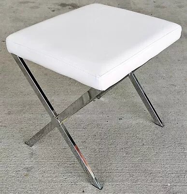 Mid-Century MODERN Style CHROME & White Leather Upholstered X-Form VANITY BENCH • $175