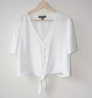 £6 • Buy Off White V-Neck Short Flutter Sleeve Button Up Tie Front Top/Blouse Size 4-14