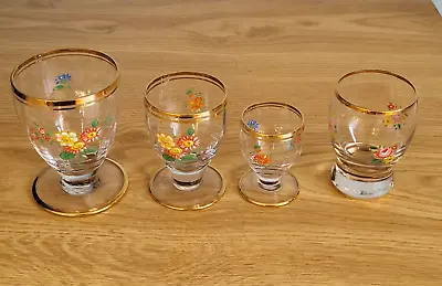 Vintage Collection Of 4 Of Gold Rimmed Glasses With Hand Painted Flowers Sherry  • £9.99