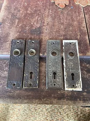 4 VINTAGE Victorian EastLake Brass & Plated Plated Embossed DOOR KNOB BACKPLATES • $55.99