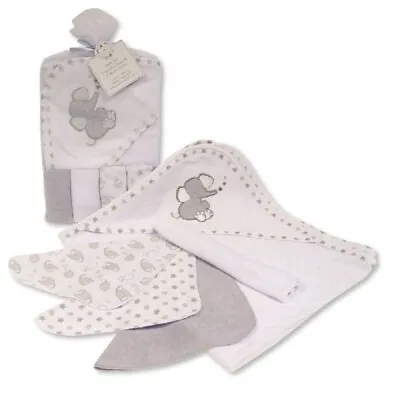 Baby Unisex Elephant & Stars Hooded Towel & 4 Wash Cloths Set Grey Shower Gift • £11.35