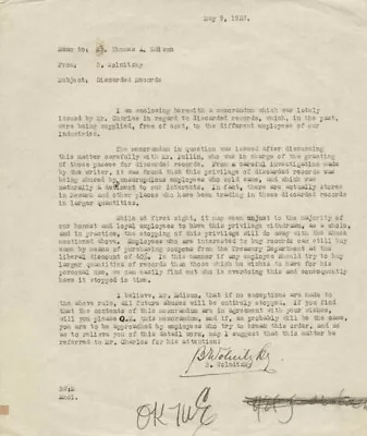 Thomas A. Edison - Memorandum Signed 05/09/1923 Co-signed By: Bruno Wolnitzky • $1300