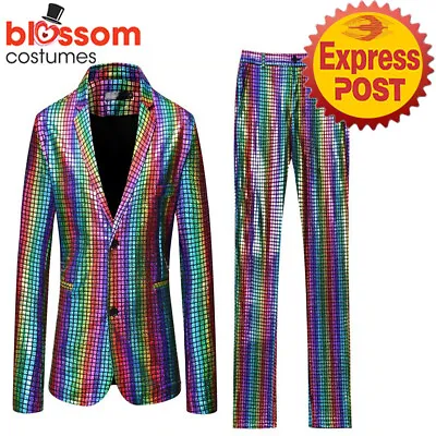 N582 Metallic Rainbow Mardi Gras 70s Stand Out Suit Mens Festivals Disco Costume • $48.35