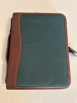 Vintage Day Timer Green Nylon Brown Leather Trim Zip Around Planner Binder  • $50