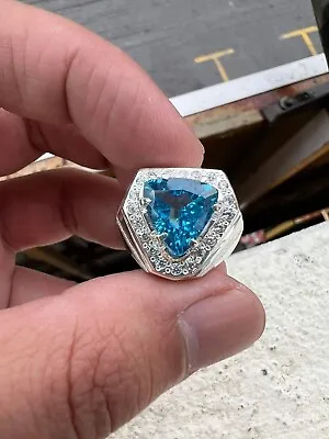 Natural Blue Topaz Gemstone 10k White Gold Ring Men's #1976 • $1032.90