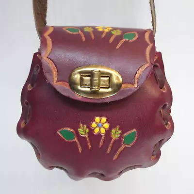 Vintage Hand Tooled & Painted Floral Brown Leather Shoulder Purse/Bag 4  Cute • $19.70