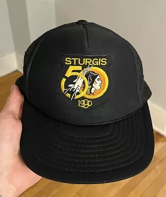 VINTAGE STURGIS 1990 50th MOTORCYCLE RALLY TRUCKER SNAPBACK BLACK HAT CAP Used • $24.99