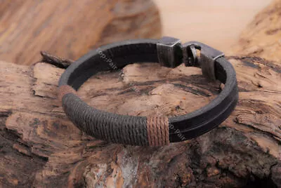 G38 Black Hemp Wrap Genuine Leather Surfer Bangle Bracelet Cuff Men's  • £4.74