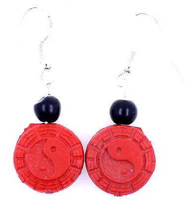 Red Lacquer Yin Yang Yinyang Sign Dangle Earrings • £4.59