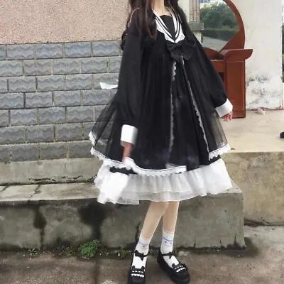 Cosplay Costume Kawaii Ruffle Long Sleeve Sailor Black Lady Gothic Lolita Dress • £25.99