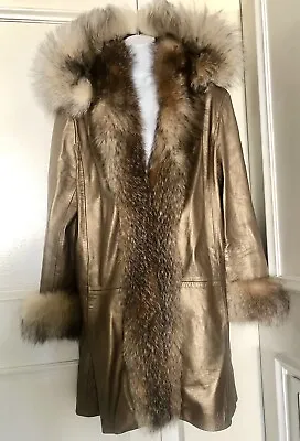 Tibor Women's Gold Size XL Leather & Fur Coat Vintage • $420