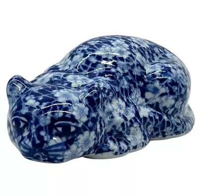 Vintage Victoria Ware Ironstone Cat Figure Blue White Floral Calico Pattern 8” • $26.95