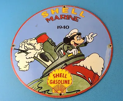 Vintage Shell Gasoline Porcelain Mickey Mouse Gas Marine Service Pump Plate Sign • $139.47