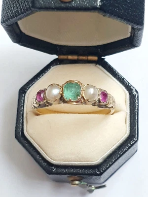 £500 • Buy Georgian Emerald Ruby And Pearl Cluster Ring - 15ct Yellow Gold