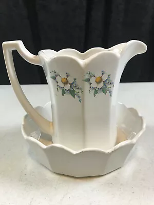 Vintage McCoy Ceramic Pitcher & Bowl White Floral Country USA 7533  • $19.99