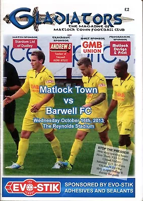 Matlock Town V Barwell 16/10/13 Northern Premier League • £1.75