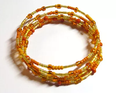 MEMORY WIRE BANGLE - ORANGE & GOLD IRIDESCENT BEADS - 5 ROWS .........sm0054 • £5