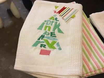 Pair Of EMBROIDERED XMAS Waffle TEA TOWELS Colour Coordinated NWOT Unwanted Gift • $12.30