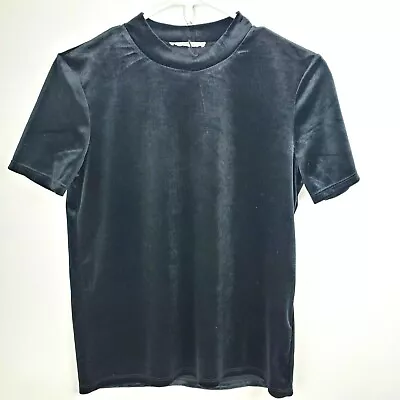 $9.19 • Buy Zara Trafaluc Black Velvet Mock Neck Short Sleeve Top Boxy Fit Stretch Womens S
