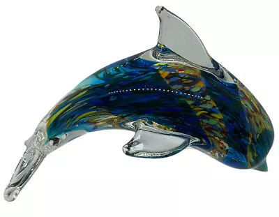 Seaward Art Glass Dolphin Figurine Murano Multicolor Confetti Blue 7'' • $12.99