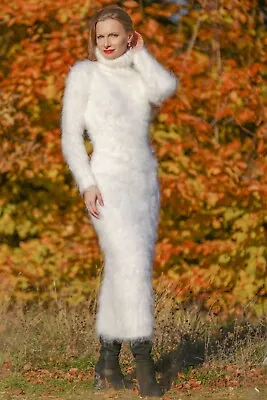 SuperTanya White Long Mohair Sweater Dress Fuzzy Wool Fluffy Hand Knit Gown • £211.60