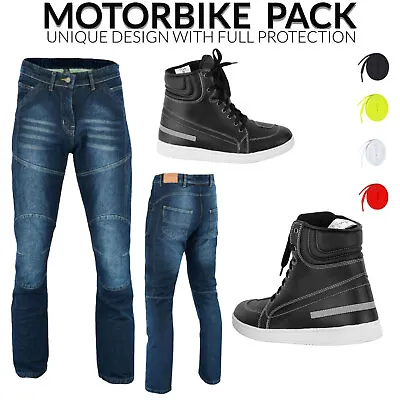 Motorbike Boots Leather Touring Shoes Denim Trouser Motorcycle Riding Jeans Pant • £94.99