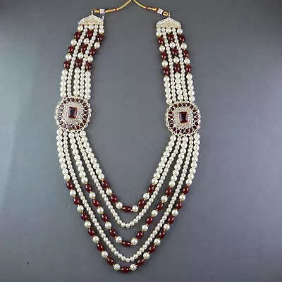 Indian Traditional 5 Layered Gold Plated Moti Mala Necklace For Groom Maroon • $34.17