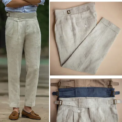 Mens Retro GURKHA Pants Casual Linen Pants Business Trousers Straight High Waist • $39.50