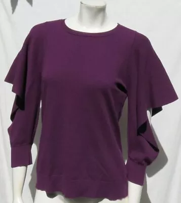 $99 CABI #3708 French Violet ¾ Flounce Sleeve Peek Pullover Sweater Top US M EUC • $23.99