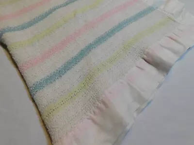 Vtg Beacon Baby Blanket Thermal Pastel Stripe Nylon Satin Trim • $35