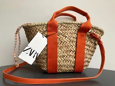 Zara RAFFIA Orange BASKET BAG Crossbody Strap Handbag New With Tags • £23.99