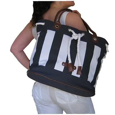 BEACH BAG Navy Blue Stripes Handbag Tote Large Big White Rope Holiday Gym Hobby • £8.99