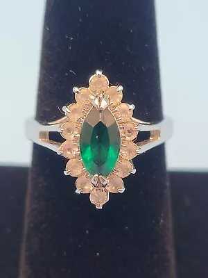 Vintage Silver Tone Ring W/Emerald Marquise Crystal & 14 Clear Crystals. Sz 8.25 • $15